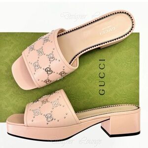 NEW GUCCI Janaya Interlocking GG Studs Rose Leather Sandals Slides EU 40.5